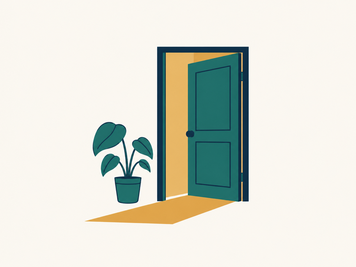 Illustration of a doorway slightly open with soft light and a plant beside it