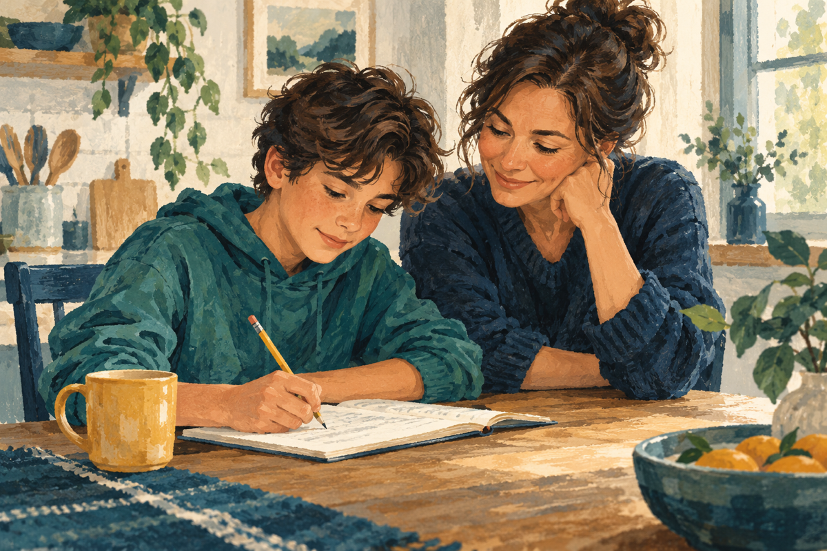 Illustration of a parent and student looking together at the student's notebook at a kitchen table